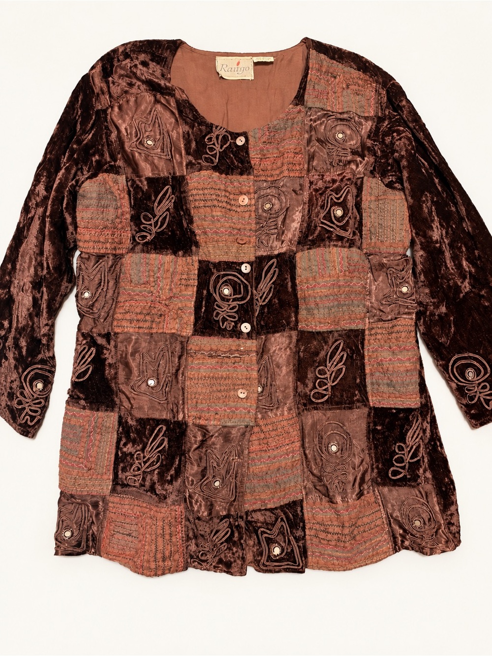 Raigo Brown Velvet Patchwork Embroidered Jacket Boho Art to Wear One Size